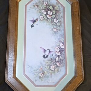 Floral Hummingbird Wall Art with Brown Frame